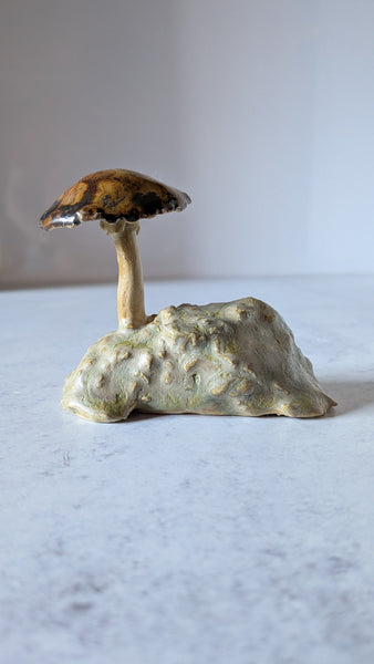 Model of a mushroom on a marble surface with a neutral background